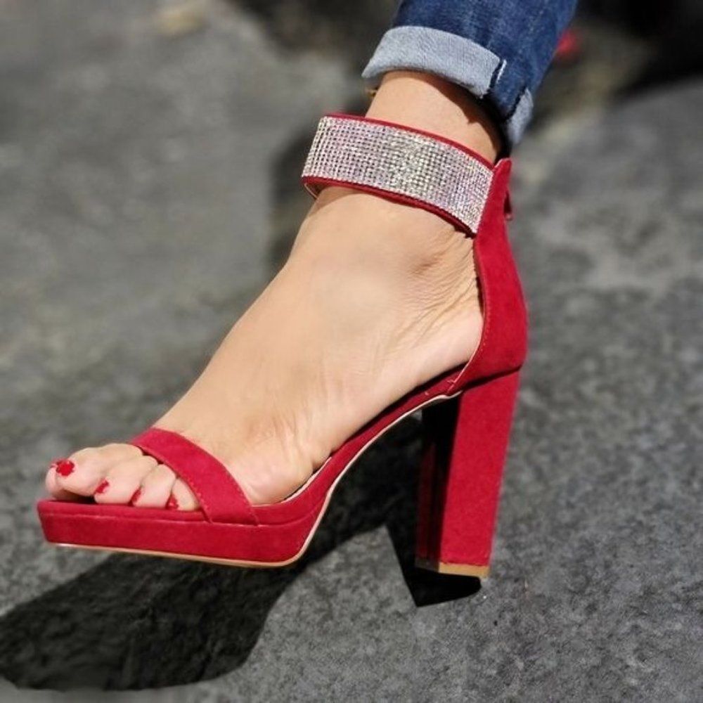 Women's Rhinestone Ankle Band Chunky High Heels Wine Color - Picture 4 of 7
